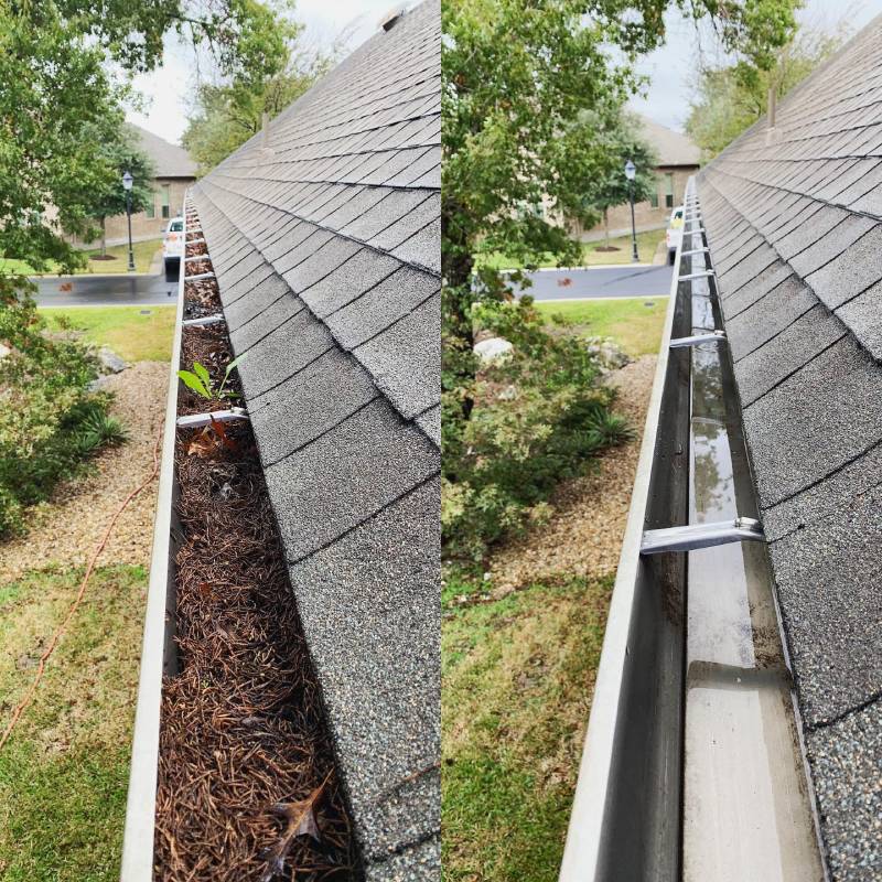 Gutters Matter gutter cleaning before and after comparison — clogged gutter vs. cleaned gutter